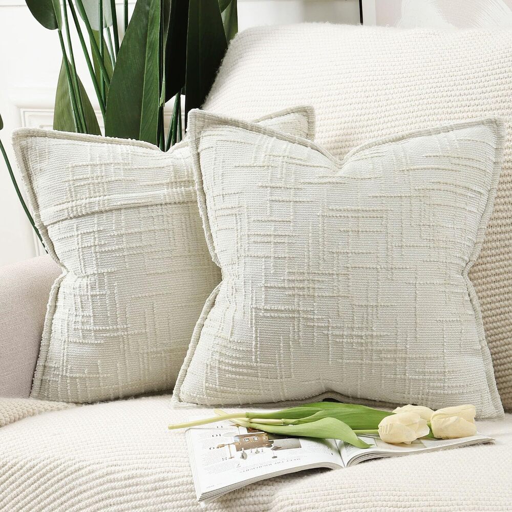 3491 Pack of 2 Chenille Throw Pillow Covers 18x18 Inch Cream White Soft
